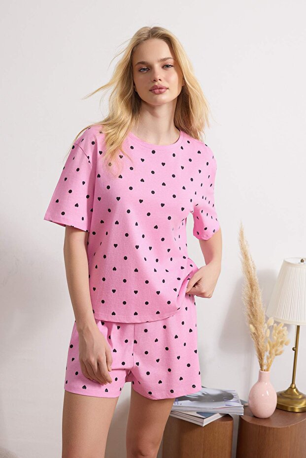 Pembe %100 Pamuklu Kalp Desenli Şortlu Örme Pijama Takımı THMSS21PT1485 - 2