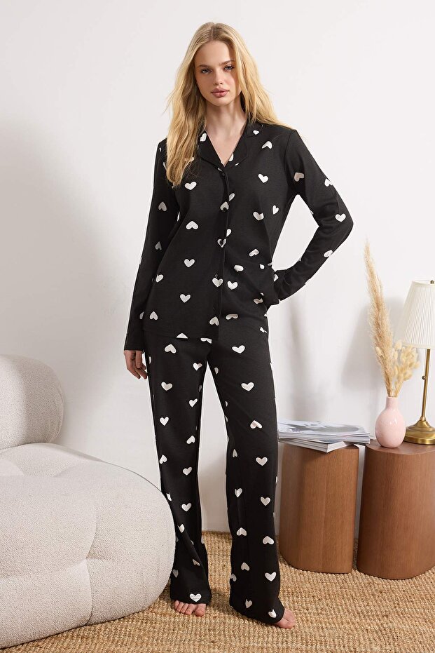 Siyah %100 Pamuklu Kalpli Örme Pijama Takımı THMAW21PT0548 - 2