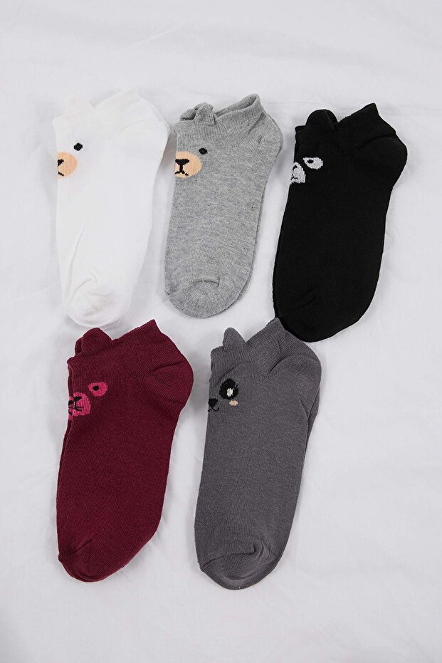 Gri-Çok Renkli 5'li Paket Pamuklu Baskılı Örme Patik Çorap THMAW22CO0231 - 2