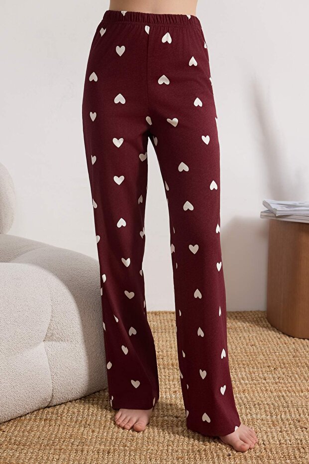 Bordo %100 Pamuklu Kalp Desenli Örme Pijama Takımı THMAW21PT0548 - 3