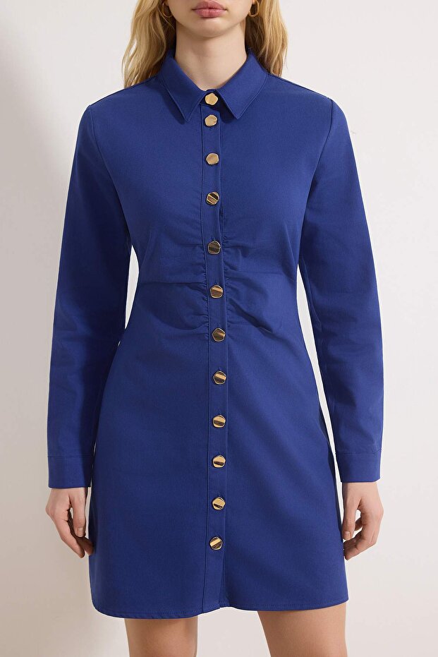 Lacivert Gold Düğme Detaylı Gabardin Kısa / Mini Dokuma Elbise TWOSS26EL00144 - 3