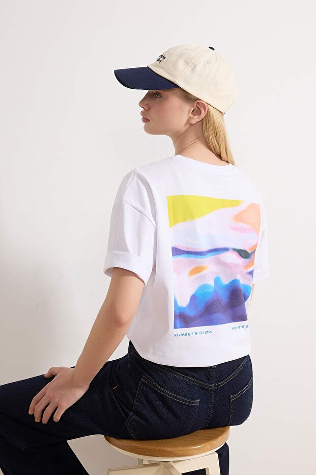 Beyaz %100 Pamuk Baskılı Relaxed/Rahat Kalıp Örme T-Shirt TWOSS24TS00172 - 2