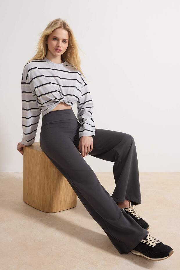 Antrasit Ince Ekstra Yüksek Bel Wide Leg/Geniş Kesim Pantolon TWOAW25PL00026 - 2