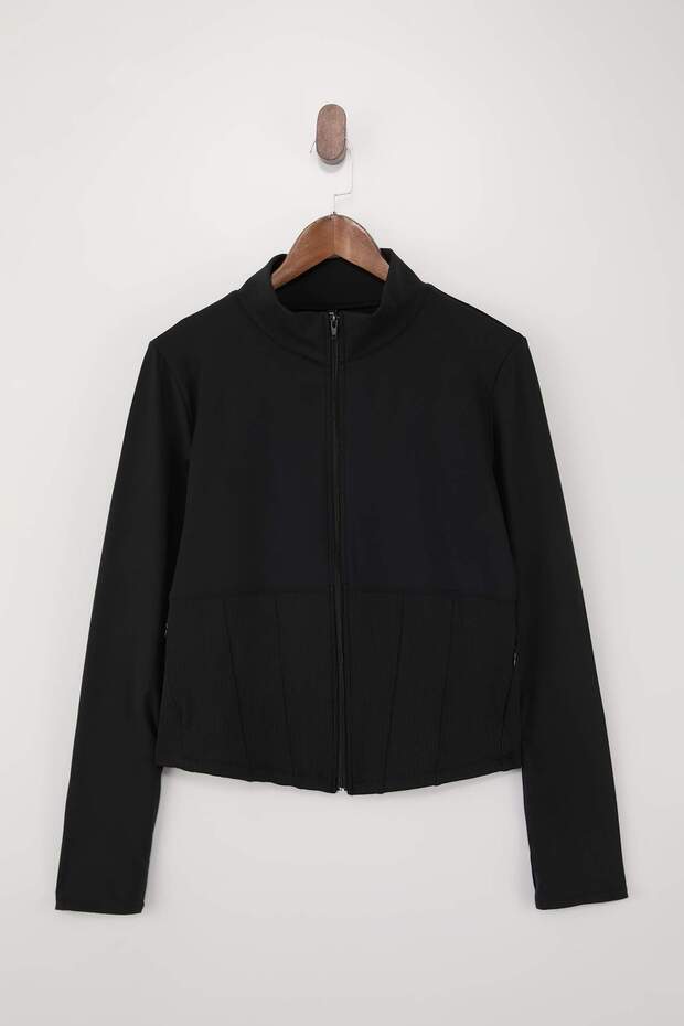 Siyah Fırçalı Soft Kumaş Baş Parmak Delikli Büyük Beden Spor Ceket/Sweatshirt TBBSS26AG00009 - 6