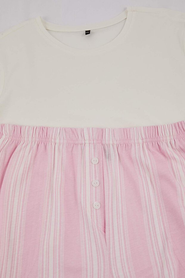 Beyaz-Pembe Çizgili Örme Büyük Beden Pijama Takımı TBBSS26AI00002 - 6