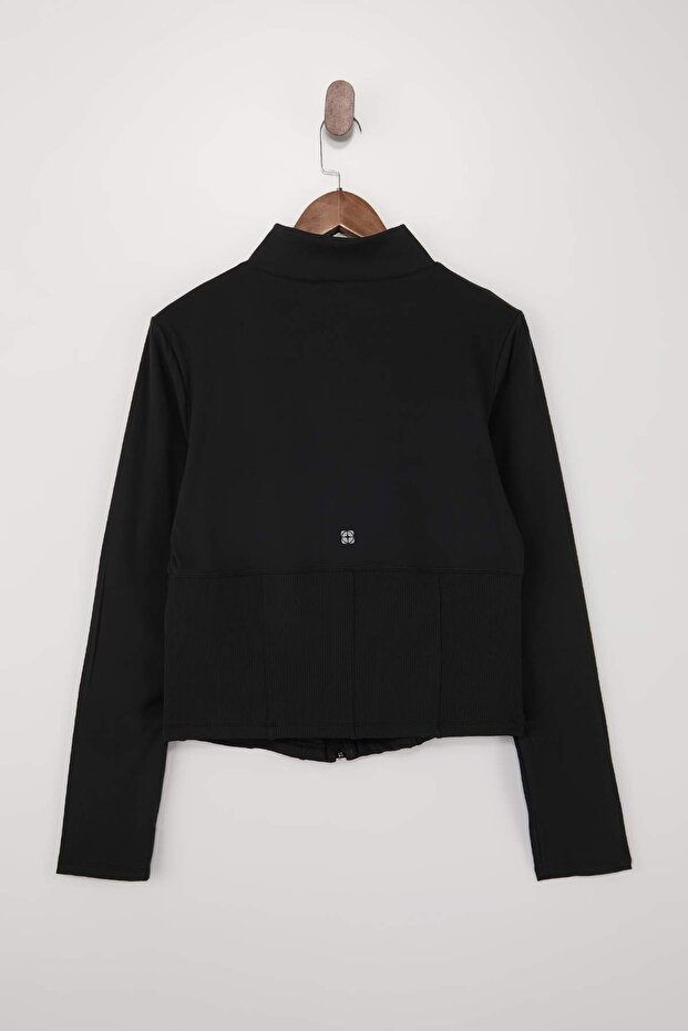 Siyah Fırçalı Soft Kumaş Baş Parmak Delikli Büyük Beden Spor Ceket/Sweatshirt TBBSS26AG00009 - 8
