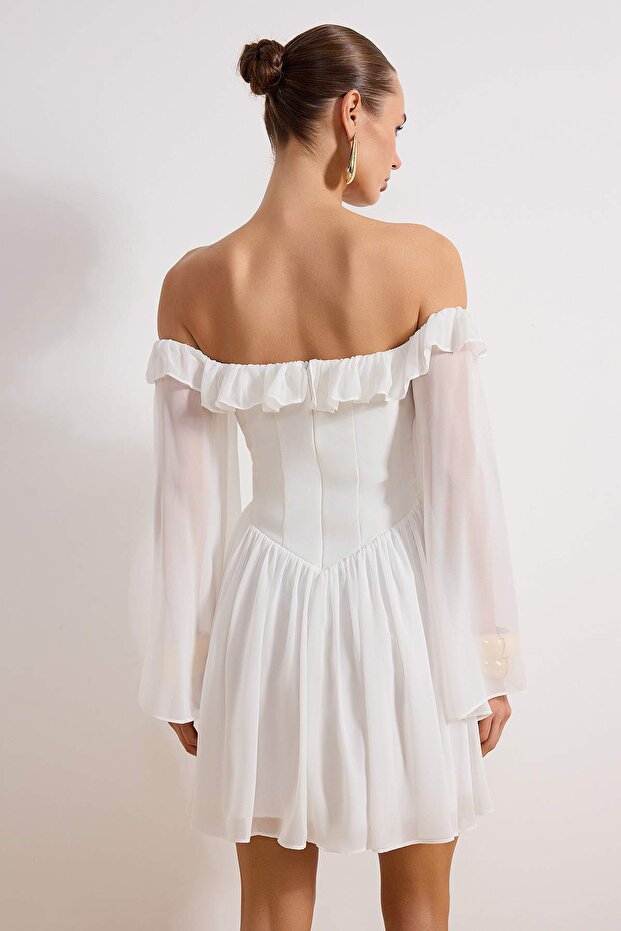 Bridal Beyaz A-Kesim Volanlı Şifon Boho Düğün/Nikah Abiye Uçuş Uçuş Mezuniyet Elbise TPRSS23EL00096 - 5