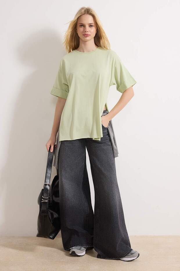 Mint Duble Kol Geniş Kesim Asimetrik Boyfriend Örme T-Shirt TWOSS20TS0828 - 1
