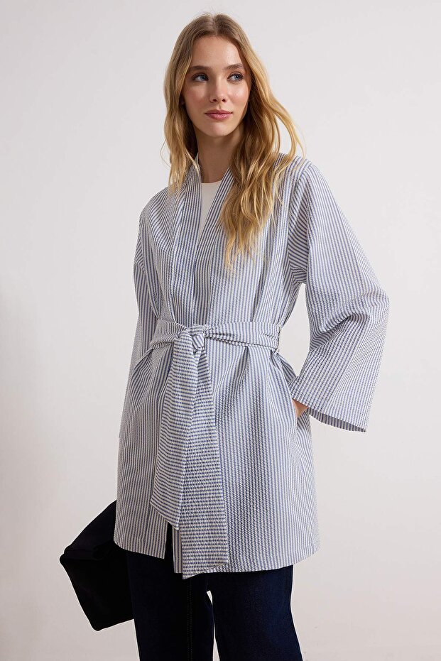 Mavi Kuşaklı Dokuma Gofre Çizgili Kimono & Kaftan TCTSS23KK00001 - 2