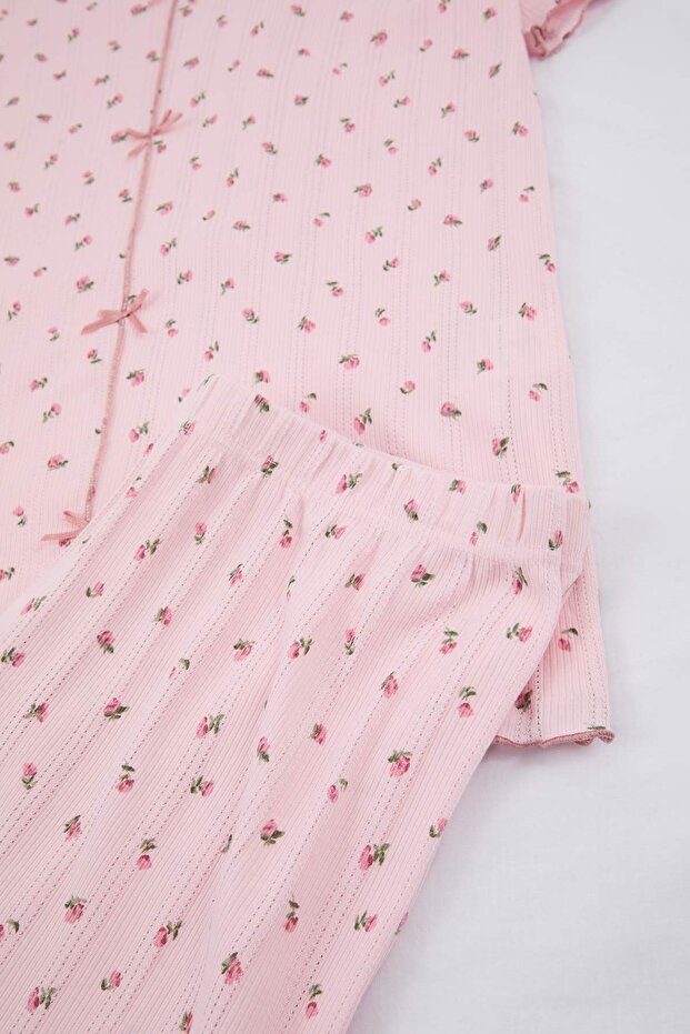 Pembe Çiçek Desenli Kurdeleli Kaşkorse Büyük Beden Pijama Takımı TBBSS26AI00020 - 5