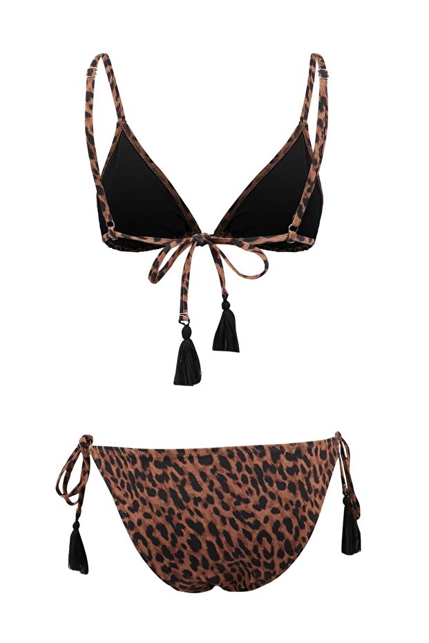 Leopar Desenli Üçgen Kaplı Püskül Detaylı Düşük Bel Regular Bikini Takımı TBESS26BT00028 - 6