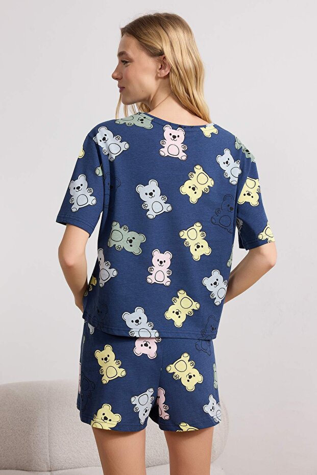 Lacivert %100 Pamuklu Ayıcıklı Şortlu Örme Pijama Takımı THMSS24PT00072 - 4
