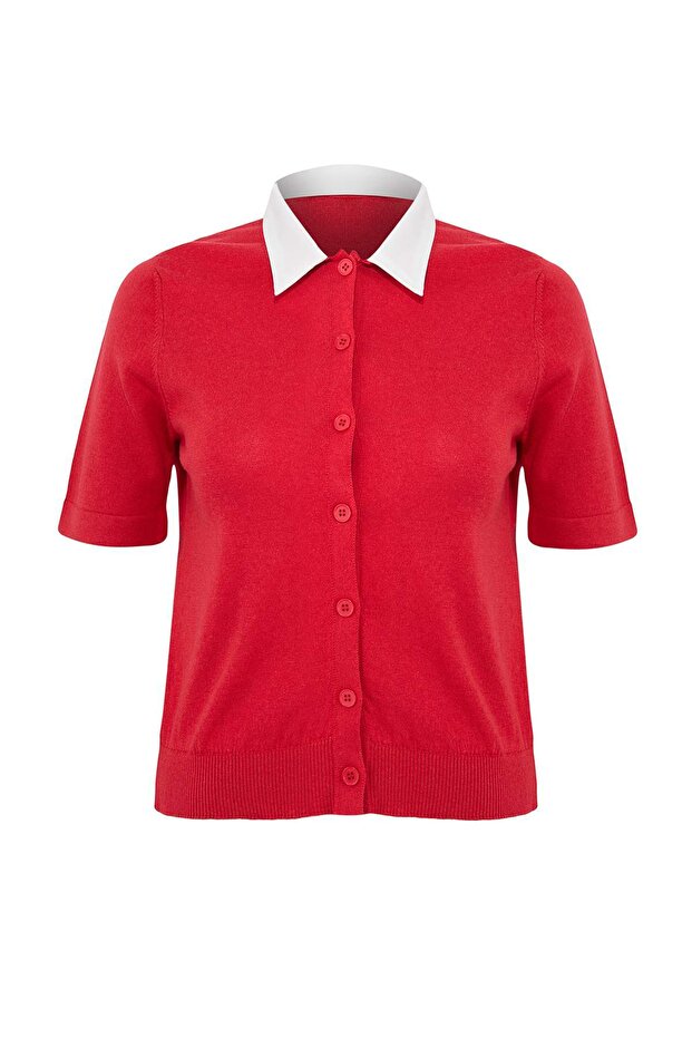 Limited Edition Kırmızı Gömlek Yaka Garnili Renk Bloklu İnce Triko İnce Bluz TWOSS26BZ00117 - 5