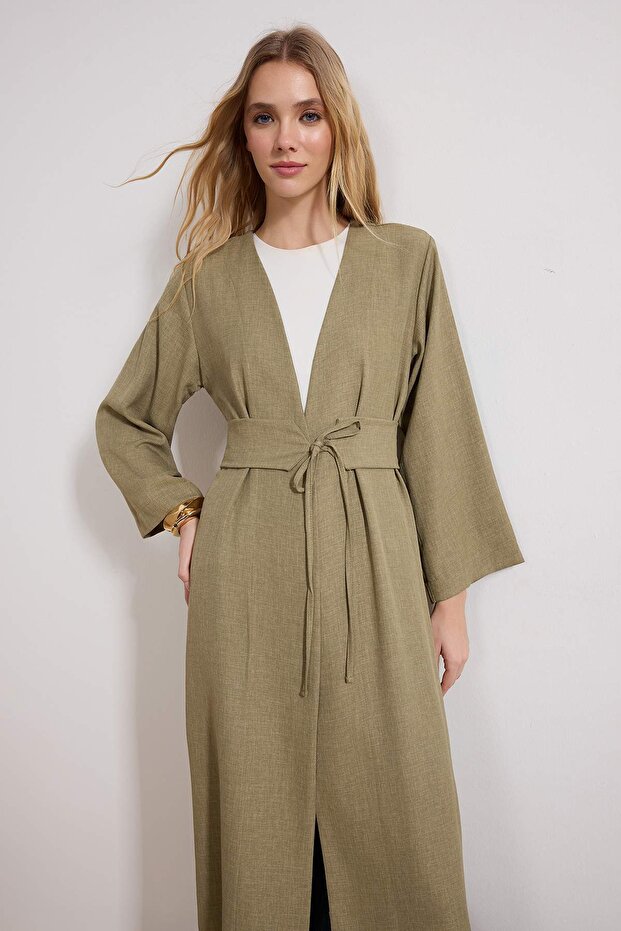 Haki Beli Bağlama Detaylı Keten Görünümlü Dokuma Kimono & Kaftan TCTSS24KK00001 - 2