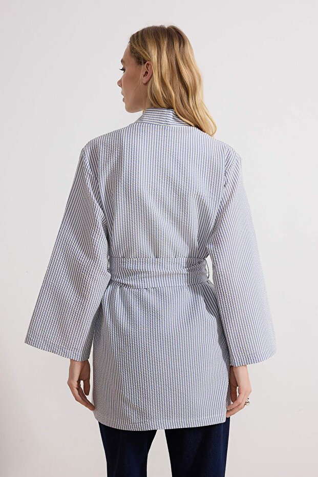 Mavi Kuşaklı Dokuma Gofre Çizgili Kimono & Kaftan TCTSS23KK00001 - 4