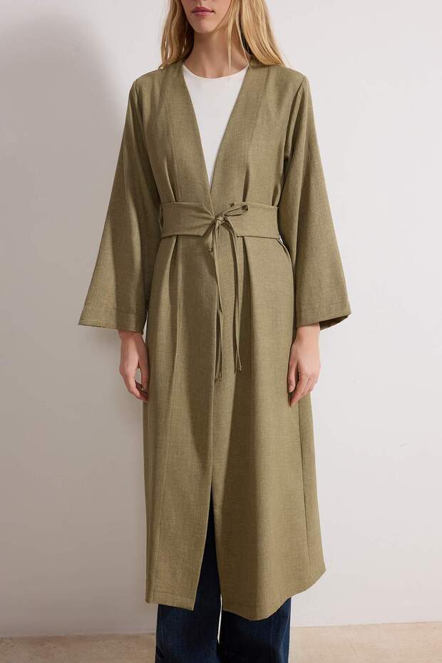 Haki Beli Bağlama Detaylı Keten Görünümlü Dokuma Kimono & Kaftan TCTSS24KK00001 - 3