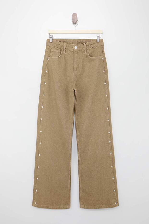 Camel İnci Detaylı Yıkama Efektli Yüksek Bel %100 Pamuk Wide Leg Jeans TWOSS26JE00055