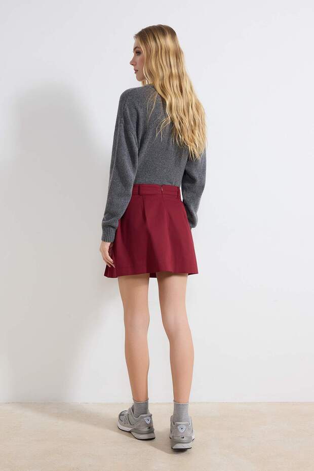 Bordo %100 Pamuk Gabardin Pili Detaylı Mini Etek TWOSS26ET00017 - 7