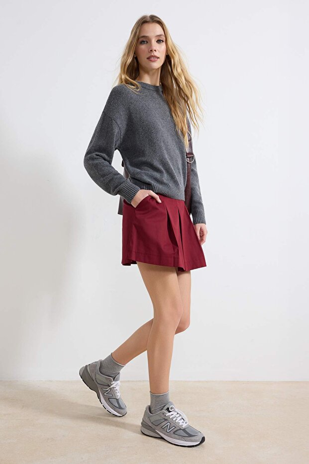 Bordo %100 Pamuk Gabardin Pili Detaylı Mini Etek TWOSS26ET00017 - 5