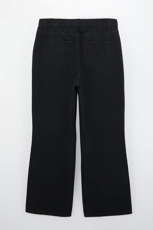 Siyah Pens Detaylı Beli Lastikli %100 Pamuk Non-Stretch Wide Leg/Geniş Paça Jeans TBBSS26CJ00028 - 7