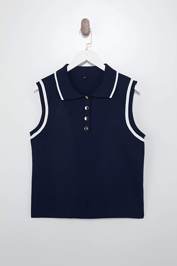 Lacivert Polo Yaka Çizgi Detaylı İnce Yazlık Triko Bluz TBBSS26AF00034 - 5
