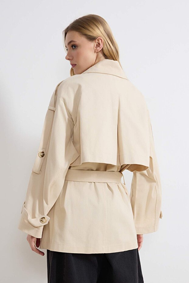 Taş Oversize Kemerli Kruvaze Kapama Midi Trençkot TWOSS26TR00008 - 4