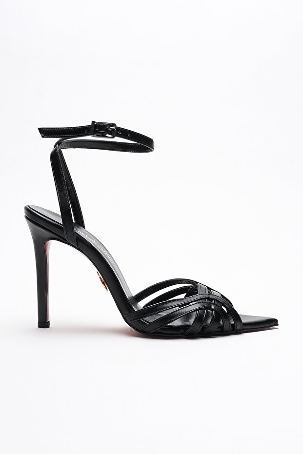 Women's Open Cage Toe Design Thin Heeled Shoes Prona Black Skin