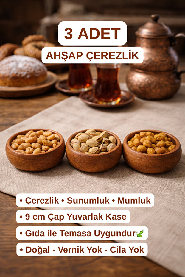 3 Adet Kayın Ağacından Üretilmiş Ahşap Doğal Çerezlik 9 CM - 3 LÜ set - 5