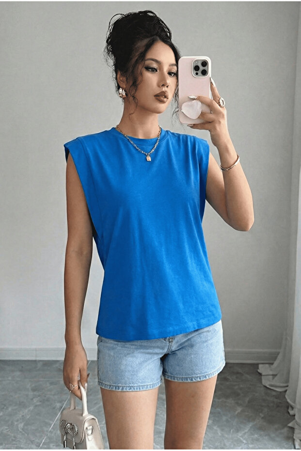 Kadın Siyah Kolsuz Basic Örme T-shirt & Bluz - 1