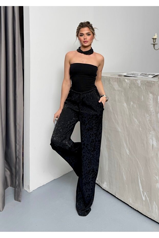 Women's Black Leopard Patterned Satin Trousers