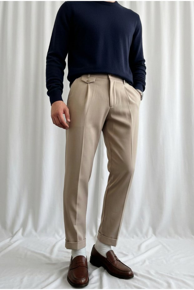Men's Regular-Fit Premium Old Money Pocket Detailed Double-Cuff Fabric Trousers Cream