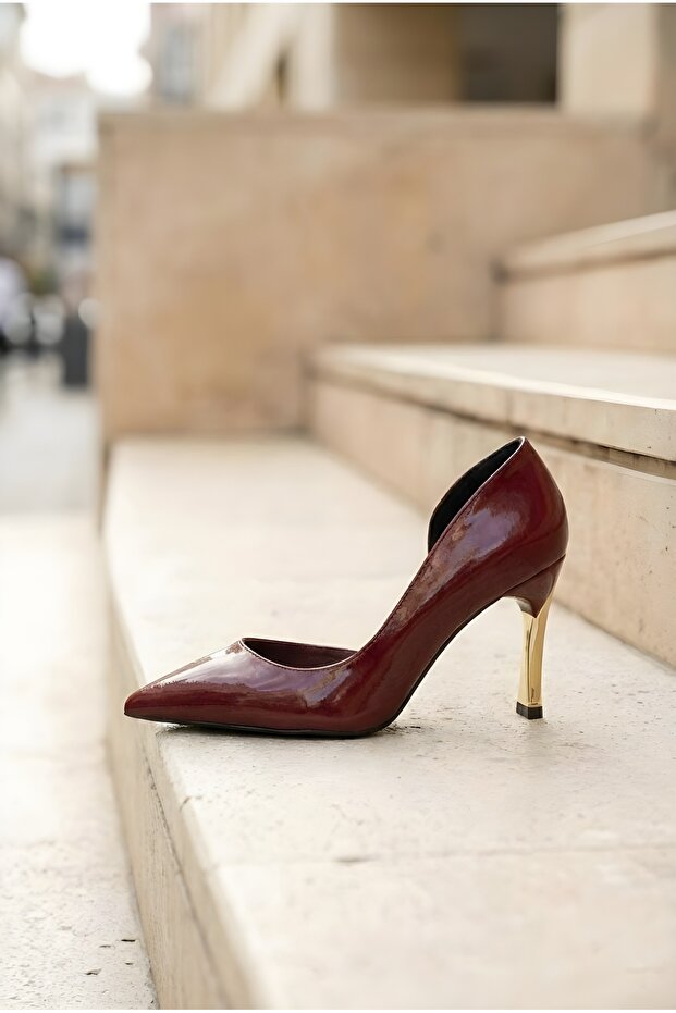 Bordo Rugan Stiletto 9 Cm Altın Ökçe Sivri Burun Vegan Kadın Topuklu Ayakkabı Günlük Özel Gün - 6