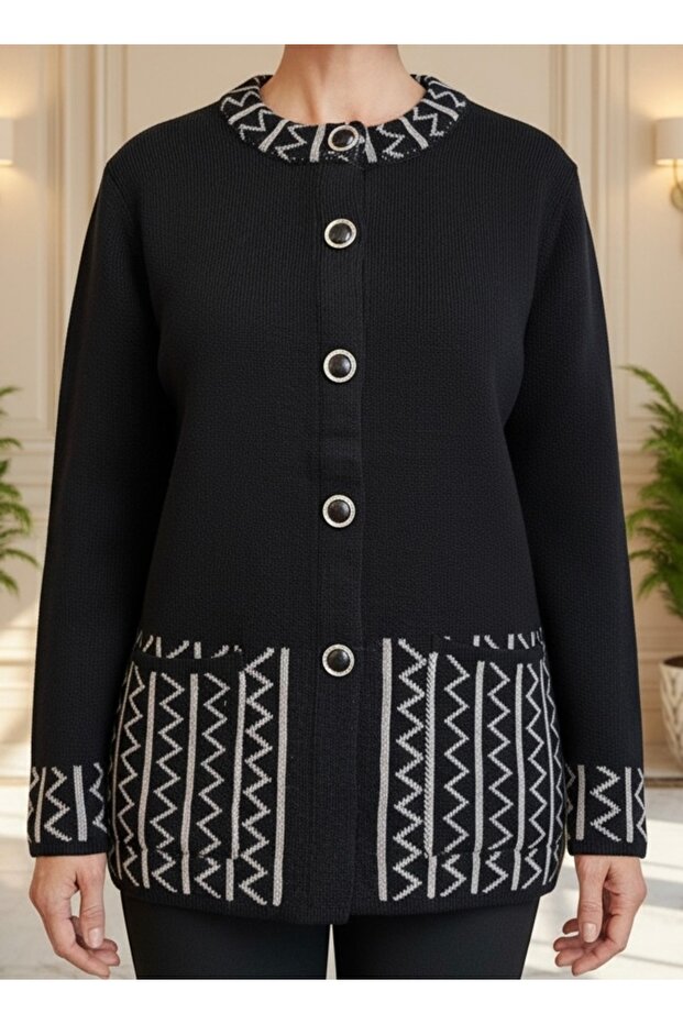 Knitwear Plus Size Crew Neck Cardigan / Black Mink