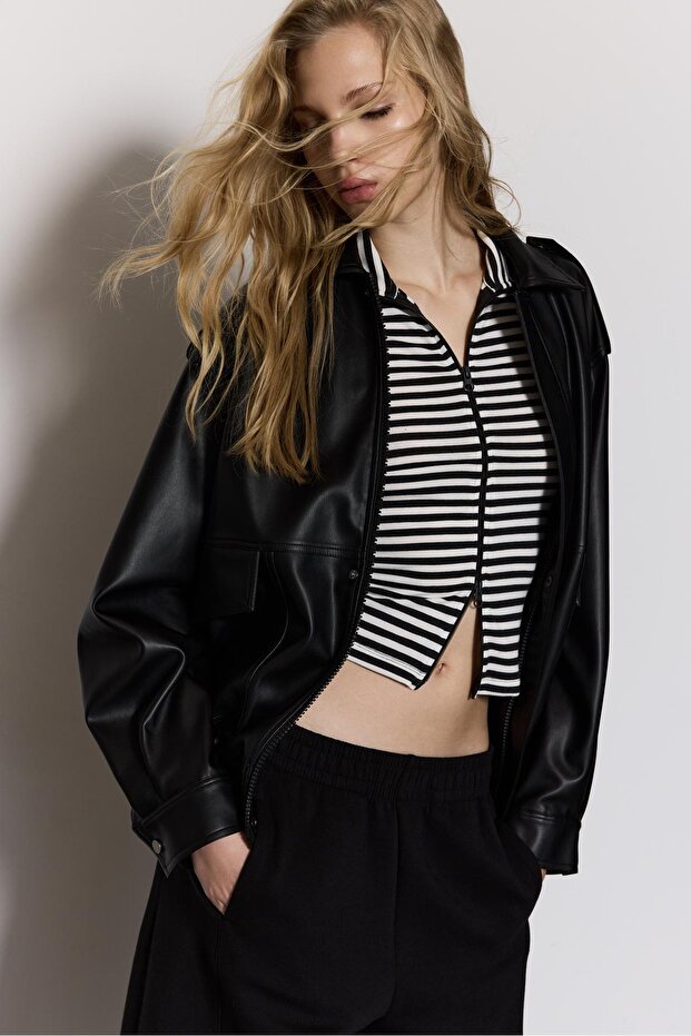 Oversize suni deri biker ceket - 1