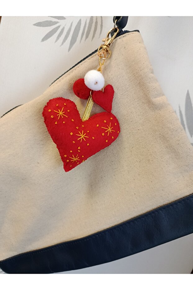 Handmade Butterfly Embroidered Red Heart & Pompom Design Keychain Bag Charm Gift Accessory