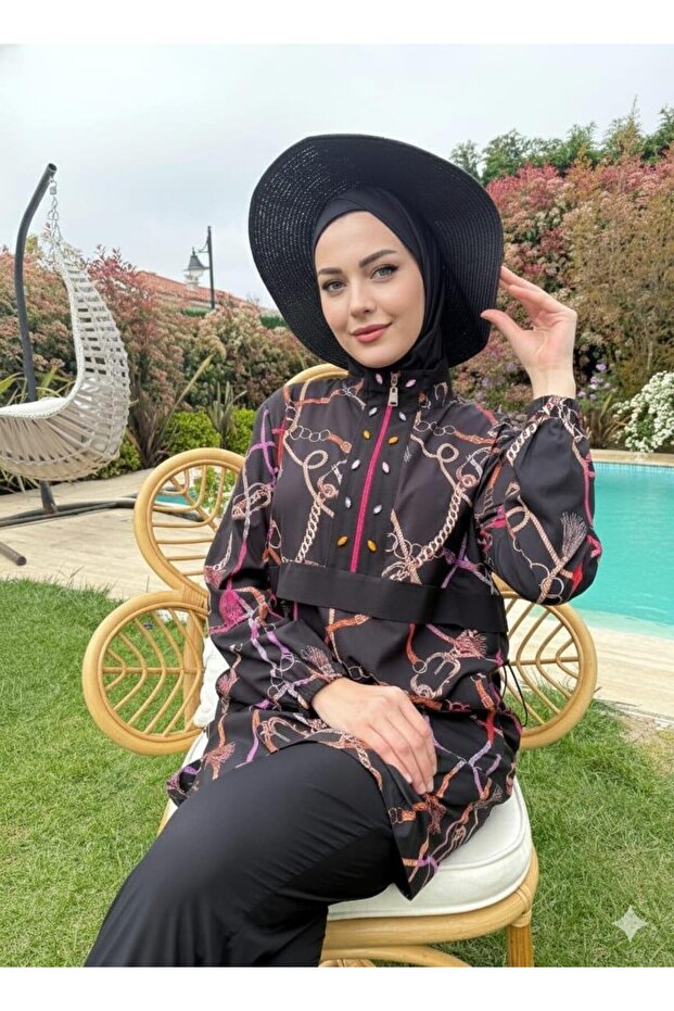 Tassel chain patterned hijab swimwear