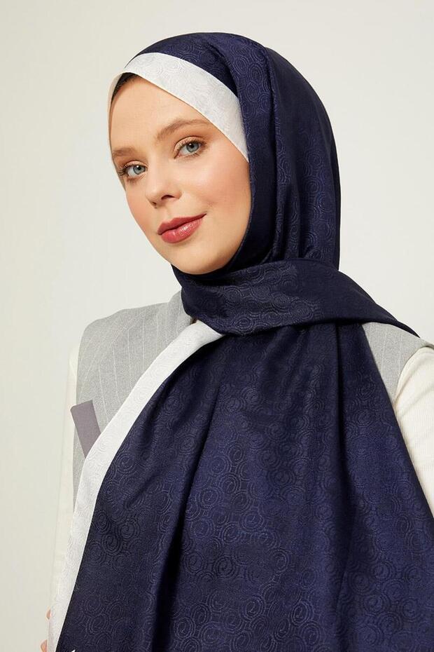 Navy Blue - Ecru Ring Pattern Monogram Shawl - 2
