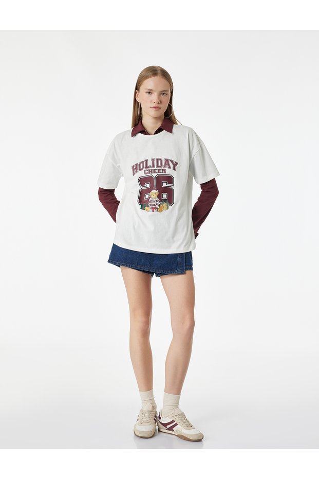 Cotton Short-Sleeved Crew Neck Teddy Bear Printed Oversized Pajama Top