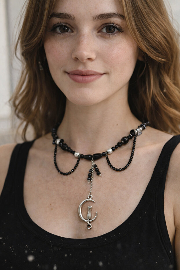 Halloween Halloween Necklace Cat Pendant Gothic Black Rock Natural Stone Beads Special Design