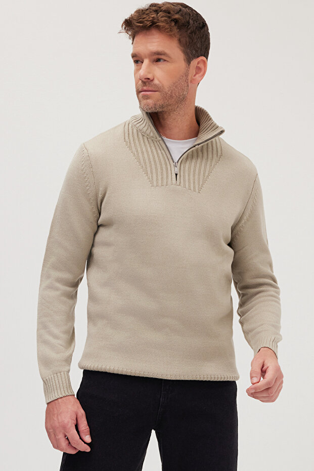 Men's Slim Fit Slim Fit Dobby Zippered Stone Stand Collar Sweater