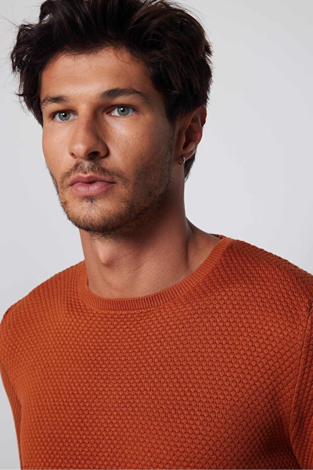 Men's Slim Fit Crew Neck Honeycomb Patterned Cinnamon Knitwear Sweater