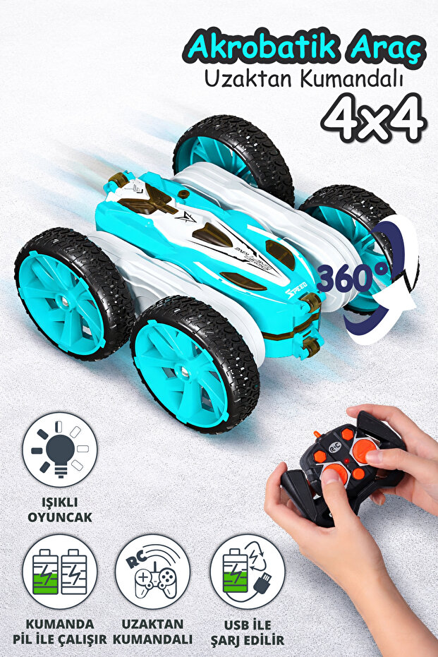 Smartfox Uzaktan Kumandalı 360 Derece Dönen Akrobatik– Şarj Edilebilir Işıklı RC Oyuncak Araba