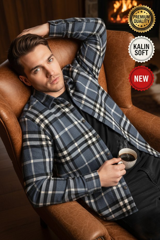 Men's Indigo Black White 3-Line Lumberjack Thick Soft Textured Regular Old Money Culture Shirt