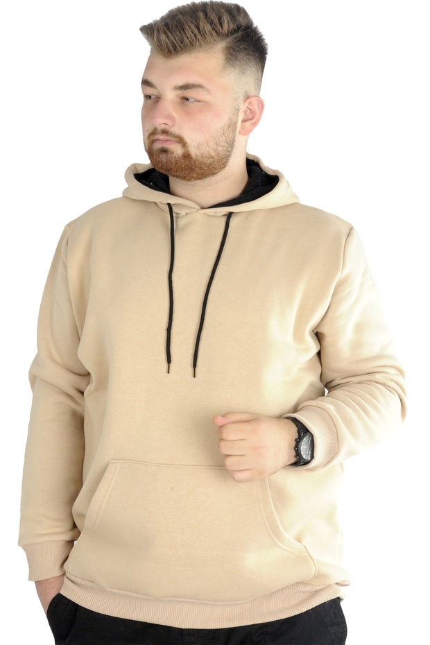 Mode XL Erkek Sweatshirt Kapşonlu Pocket Basic 20562 Bej - 4