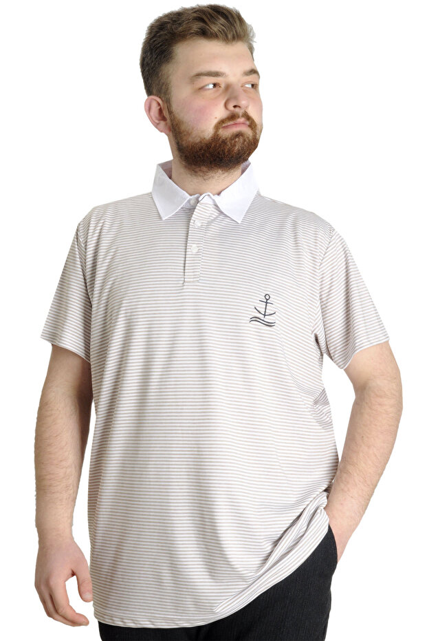 Mode XL Large Size Men's T-Shirt Polo Neck Striped Kagi 23340 Brown