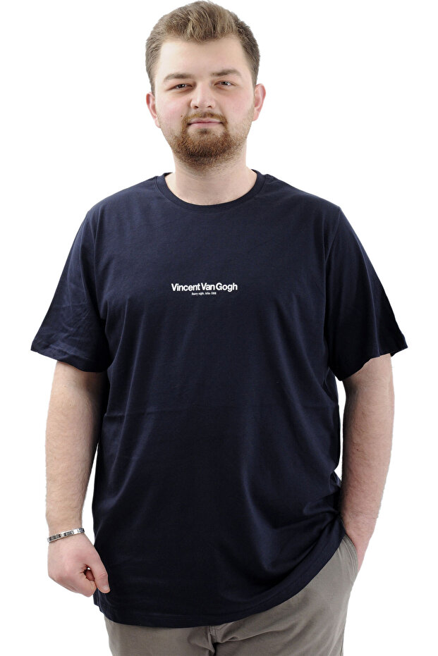 Mode XL Plus Size Printed Men's T-Shirt Crew Neck VAN GOGH U24040 Navy Blue