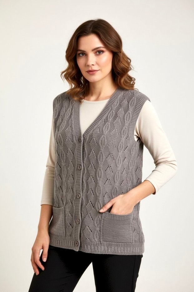 Women's Plus Size Knitwear Mom Vest Geometric Patterned Buttoned Vest with Pockets