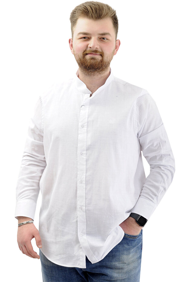 Mode XL Plus Size Men's Shirt Long Sleeve Lycra Linen Shirt U20385 White