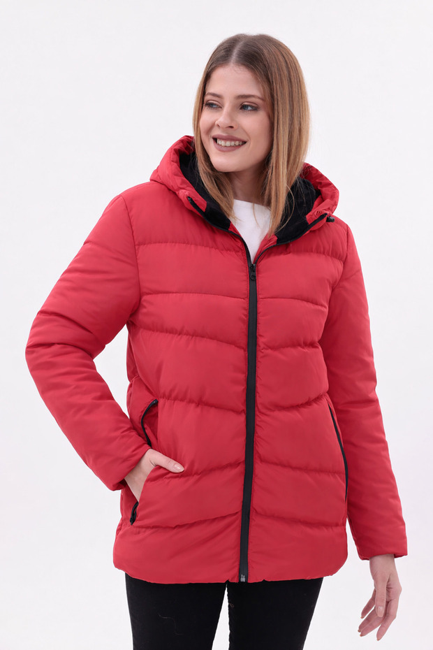 Női piros szélálló polár szőrme vízálló kabát kabát Parka - 4