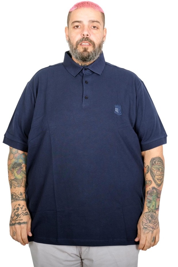 Mode XL Oversize Men's T-shirt Polo Neck Embroidered Classic Pique 20553 Indigo
